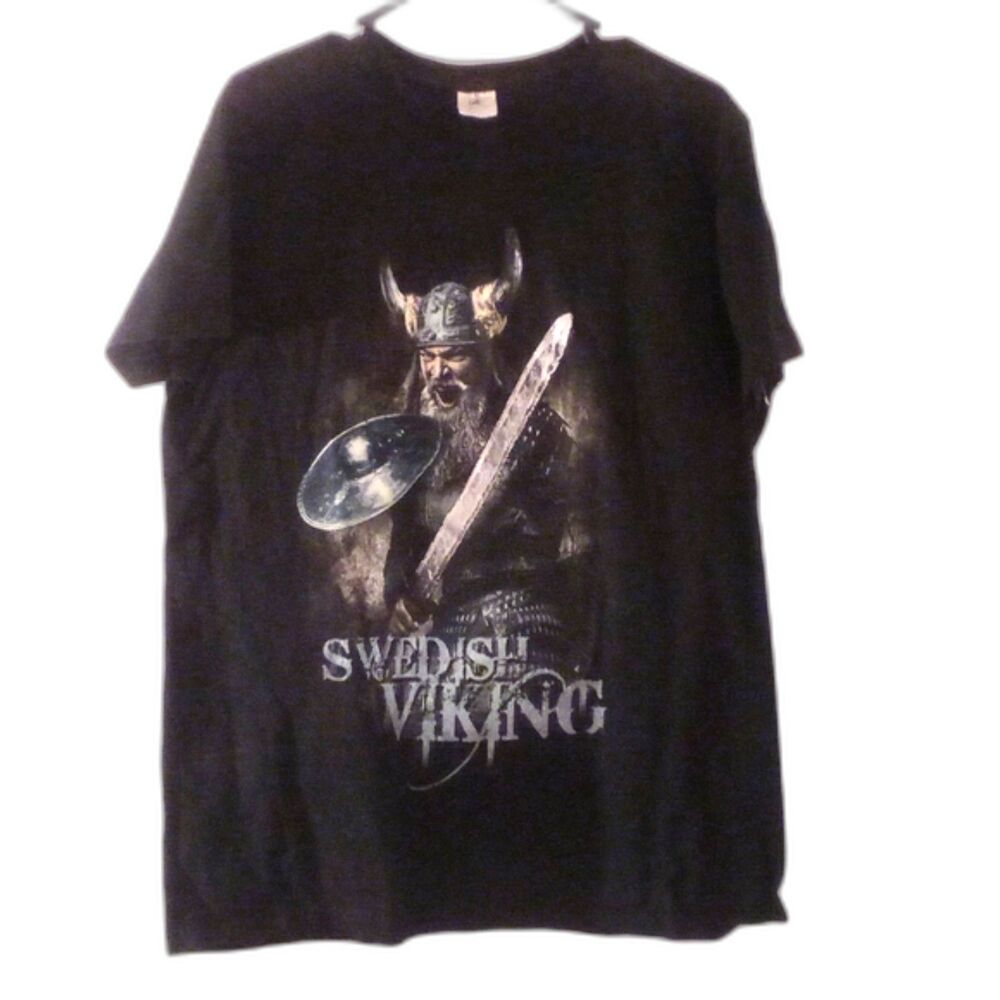 B&C Collection Swedish Viking Graphic Print Black Short Sleeve T Shirt Size XL